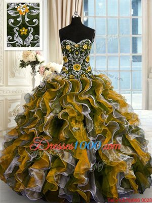 Attractive Multi-color Ball Gowns Organza Sweetheart Sleeveless Beading and Ruffles Floor Length Lace Up 15th Birthday Dress