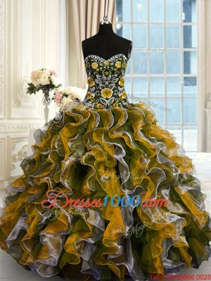 Attractive Multi-color Ball Gowns Organza Sweetheart Sleeveless Beading and Ruffles Floor Length Lace Up 15th Birthday Dress