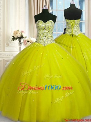 Yellow Green Sleeveless Floor Length Beading and Sequins Lace Up Quinceanera Dresses