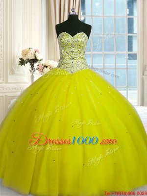 Yellow Green Sleeveless Floor Length Beading and Sequins Lace Up Quinceanera Dresses