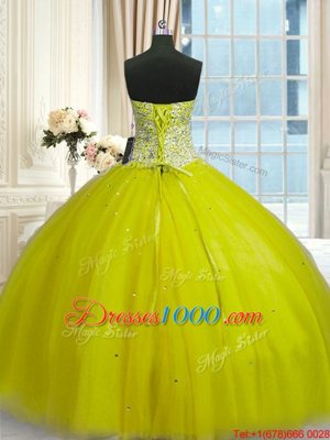 Yellow Green Sleeveless Floor Length Beading and Sequins Lace Up Quinceanera Dresses