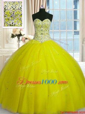 Yellow Green Sleeveless Floor Length Beading and Sequins Lace Up Quinceanera Dresses