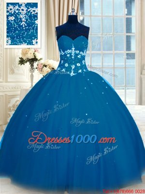Appliques Ball Gown Prom Dress Navy Blue Lace Up Sleeveless Floor Length