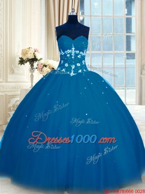 Appliques Ball Gown Prom Dress Navy Blue Lace Up Sleeveless Floor Length