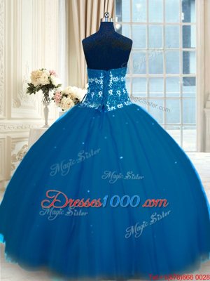Appliques Ball Gown Prom Dress Navy Blue Lace Up Sleeveless Floor Length