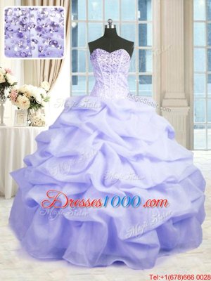 Custom Made Lavender Ball Gowns Organza Sweetheart Sleeveless Beading and Ruffles Floor Length Lace Up Sweet 16 Dresses