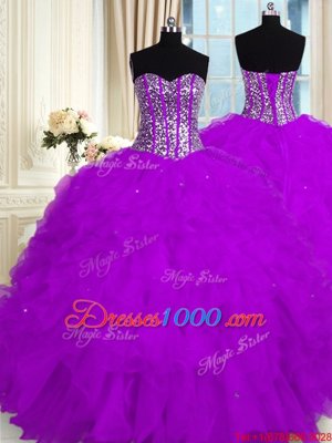Fantastic Purple Organza Lace Up Sweetheart Sleeveless Floor Length 15 Quinceanera Dress Beading and Ruffles