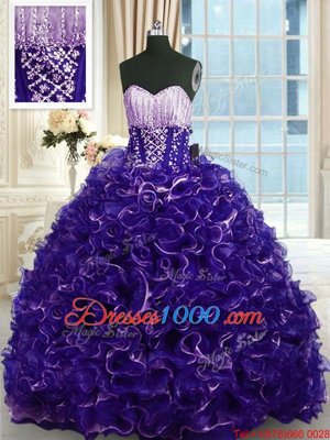 Purple Lace Up Quinceanera Dress Beading and Ruffles Sleeveless With Brush Train