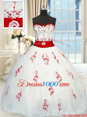 White Sleeveless Floor Length Appliques and Belt Lace Up Sweet 16 Quinceanera Dress