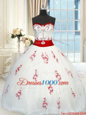 White Sleeveless Floor Length Appliques and Belt Lace Up Sweet 16 Quinceanera Dress