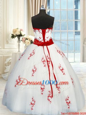 White Sleeveless Floor Length Appliques and Belt Lace Up Sweet 16 Quinceanera Dress