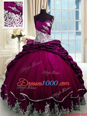 Modest Sweetheart Sleeveless Taffeta Ball Gown Prom Dress Beading and Appliques and Pick Ups Brush Train Lace Up