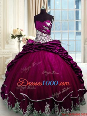 Modest Sweetheart Sleeveless Taffeta Ball Gown Prom Dress Beading and Appliques and Pick Ups Brush Train Lace Up