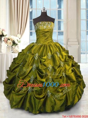 Pick Ups Strapless Sleeveless Lace Up Sweet 16 Quinceanera Dress Green Taffeta