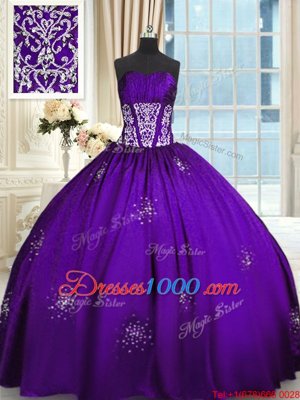 Purple Taffeta Lace Up Quinceanera Dress Sleeveless Floor Length Beading and Appliques and Ruching