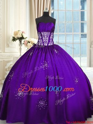 Purple Taffeta Lace Up Quinceanera Dress Sleeveless Floor Length Beading and Appliques and Ruching