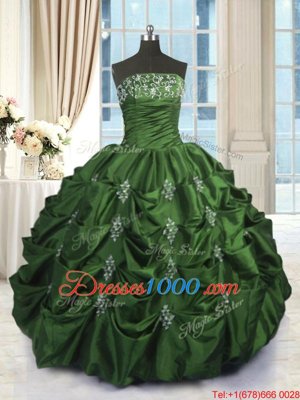 Sleeveless Floor Length Beading and Appliques and Embroidery and Pick Ups Lace Up Sweet 16 Dresses with Green