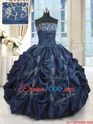 Exquisite Pick Ups Ball Gowns Vestidos de Quinceanera Navy Blue Strapless Taffeta Sleeveless Floor Length Lace Up