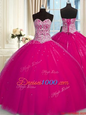 High Class Halter Top Fuchsia Ball Gowns Beading and Sequins Sweet 16 Dresses Lace Up Tulle Sleeveless Floor Length