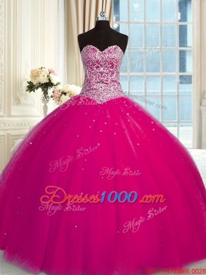 High Class Halter Top Fuchsia Ball Gowns Beading and Sequins Sweet 16 Dresses Lace Up Tulle Sleeveless Floor Length