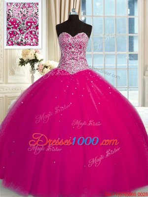 High Class Halter Top Fuchsia Ball Gowns Beading and Sequins Sweet 16 Dresses Lace Up Tulle Sleeveless Floor Length