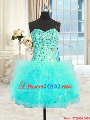 High Quality Three Piece Floor Length Ball Gowns Sleeveless Aqua Blue Quince Ball Gowns Lace Up