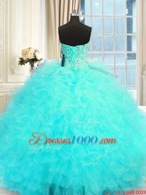 High Quality Three Piece Floor Length Ball Gowns Sleeveless Aqua Blue Quince Ball Gowns Lace Up