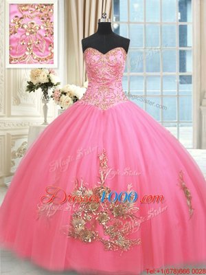 Simple Floor Length Ball Gowns Sleeveless Rose Pink Quinceanera Gown Lace Up
