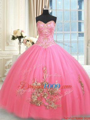 Simple Floor Length Ball Gowns Sleeveless Rose Pink Quinceanera Gown Lace Up