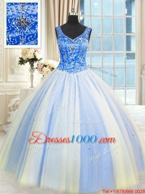 Traditional Sequins Floor Length Ball Gowns Sleeveless Blue And White 15 Quinceanera Dress Lace Up