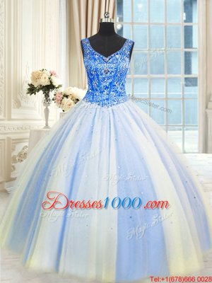 Traditional Sequins Floor Length Ball Gowns Sleeveless Blue And White 15 Quinceanera Dress Lace Up