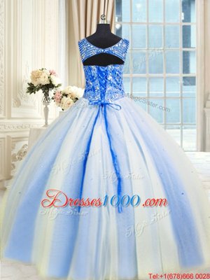 Traditional Sequins Floor Length Ball Gowns Sleeveless Blue And White 15 Quinceanera Dress Lace Up
