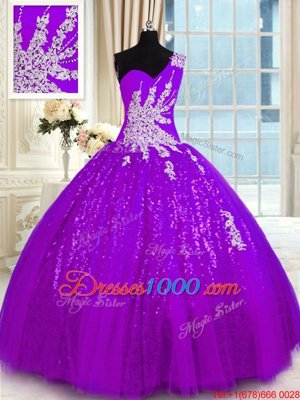 Modern Purple Ball Gowns Tulle and Sequined One Shoulder Sleeveless Appliques Floor Length Lace Up Sweet 16 Quinceanera Dress