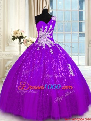 Modern Purple Ball Gowns Tulle and Sequined One Shoulder Sleeveless Appliques Floor Length Lace Up Sweet 16 Quinceanera Dress