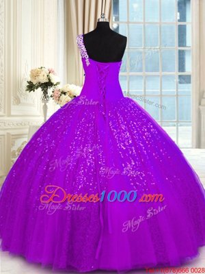 Modern Purple Ball Gowns Tulle and Sequined One Shoulder Sleeveless Appliques Floor Length Lace Up Sweet 16 Quinceanera Dress