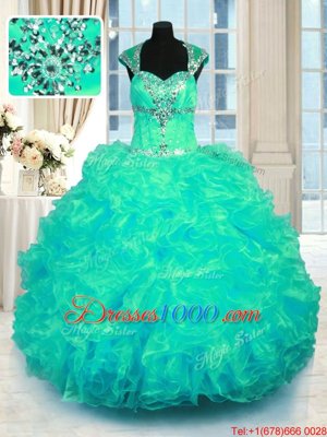 Customized Straps Cap Sleeves 15 Quinceanera Dress Floor Length Beading and Ruffles Turquoise Organza