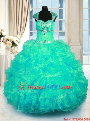 Customized Straps Cap Sleeves 15 Quinceanera Dress Floor Length Beading and Ruffles Turquoise Organza