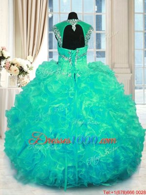 Customized Straps Cap Sleeves 15 Quinceanera Dress Floor Length Beading and Ruffles Turquoise Organza