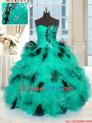Superior Turquoise Sleeveless Beading and Ruffles Floor Length Ball Gown Prom Dress