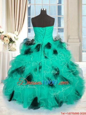 Superior Turquoise Sleeveless Beading and Ruffles Floor Length Ball Gown Prom Dress