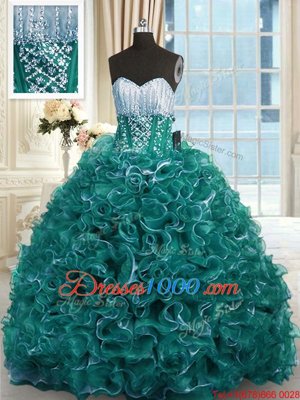 With Train Turquoise Quince Ball Gowns Organza Brush Train Sleeveless Beading and Ruffles