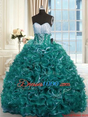 With Train Turquoise Quince Ball Gowns Organza Brush Train Sleeveless Beading and Ruffles