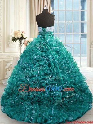 With Train Turquoise Quince Ball Gowns Organza Brush Train Sleeveless Beading and Ruffles