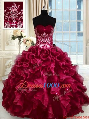 Fantastic Wine Red Lace Up Sweetheart Beading and Appliques and Ruffles 15 Quinceanera Dress Organza Sleeveless
