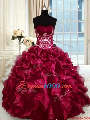 Fantastic Wine Red Lace Up Sweetheart Beading and Appliques and Ruffles 15 Quinceanera Dress Organza Sleeveless