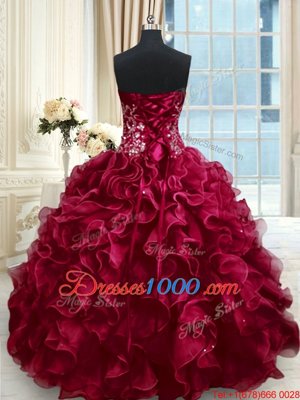 Fantastic Wine Red Lace Up Sweetheart Beading and Appliques and Ruffles 15 Quinceanera Dress Organza Sleeveless