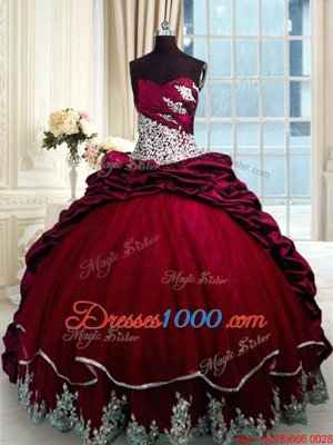 Unique Sweetheart Sleeveless Sweet 16 Dresses With Brush Train Beading and Appliques and Pick Ups Wine Red Taffeta