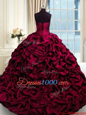 Unique Sweetheart Sleeveless Sweet 16 Dresses With Brush Train Beading and Appliques and Pick Ups Wine Red Taffeta
