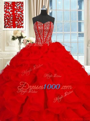 Fitting Red Lace Up Sweetheart Beading and Ruffles Sweet 16 Dress Organza Sleeveless Brush Train