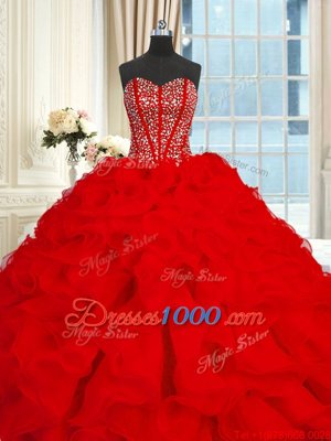 Fitting Red Lace Up Sweetheart Beading and Ruffles Sweet 16 Dress Organza Sleeveless Brush Train